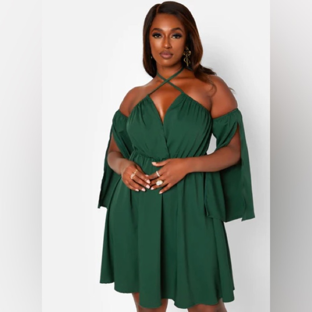 Rebdolls Go With The Flow Tie Neck Halter Split Sleeve Mini Shift